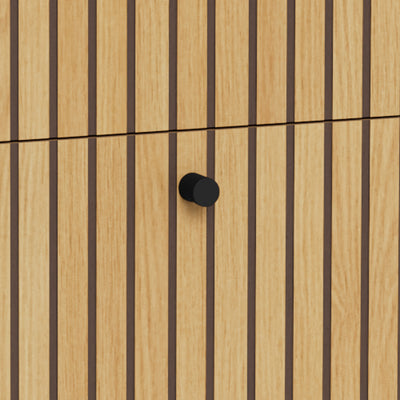 Bambouz chest of drawers 81x81 – detail of the vertical slats in an oak finish and the black drawer knobs