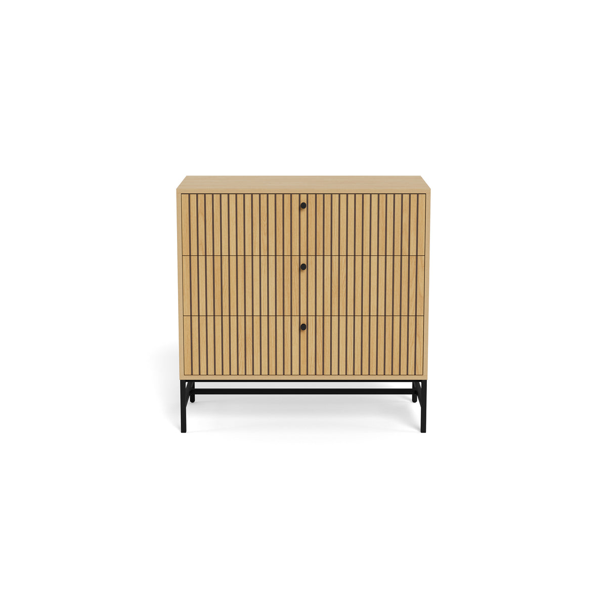Bambouz chest of drawers, 81x81, oak – front view showing the slatted front with three black knobs