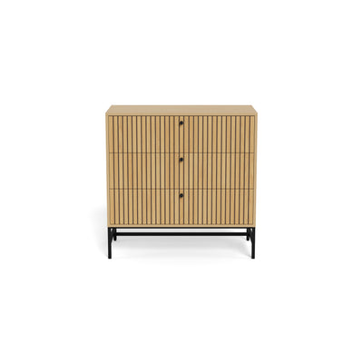 Bambouz chest of drawers, 81x81, oak – front view showing the slatted front with three black knobs