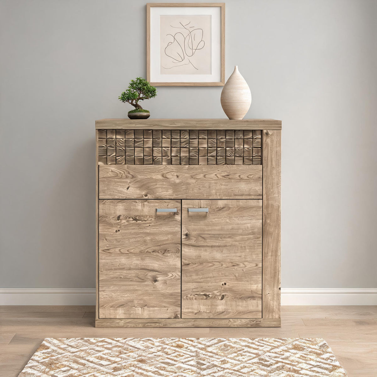 Korin sideboard 102x119 against a light grey wall with a bonsai and a print – sideboard with drawers for a hallway