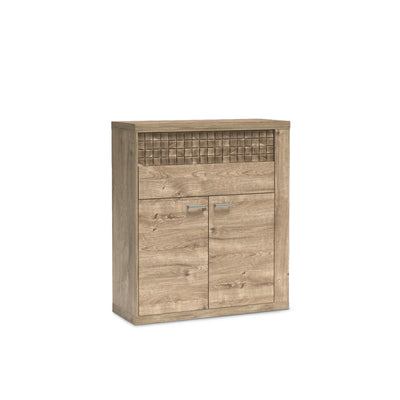 Korin sideboard 102x119 in oak – sideboard with drawers, a cupboard and a ribbed front, angled view