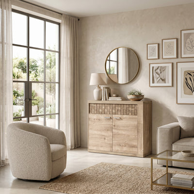 Korin sideboard 102x99 in a living room with a beige wall, a lamp and a bouclé armchair – low living room sideboard