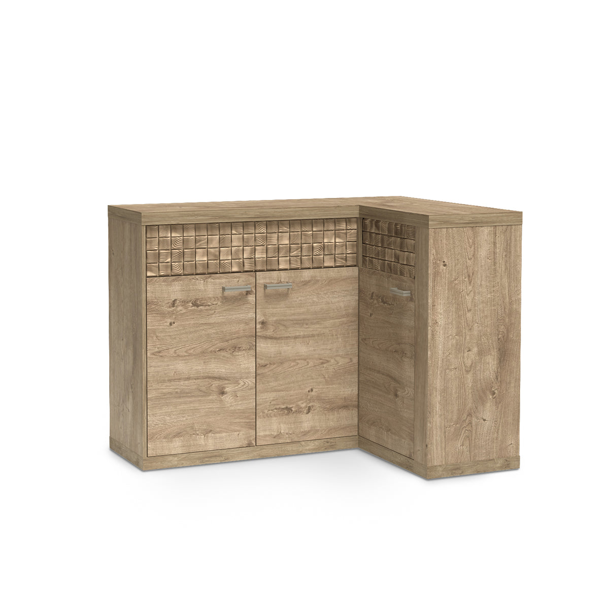 Korin sideboard 132x99 in oak – L-shaped corner sideboard with a ribbed front, angled view