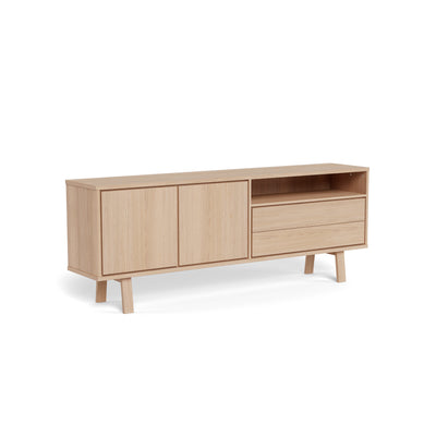 Lurisse chest of drawers, 200x75, bleached oak – side view, Scandinavian-style chest of drawers with doors, drawers and an open compartment
