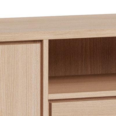 Lurisse chest of drawers, 200x75, bleached oak – a close-up of the oak veneer grain, the front and the open compartment