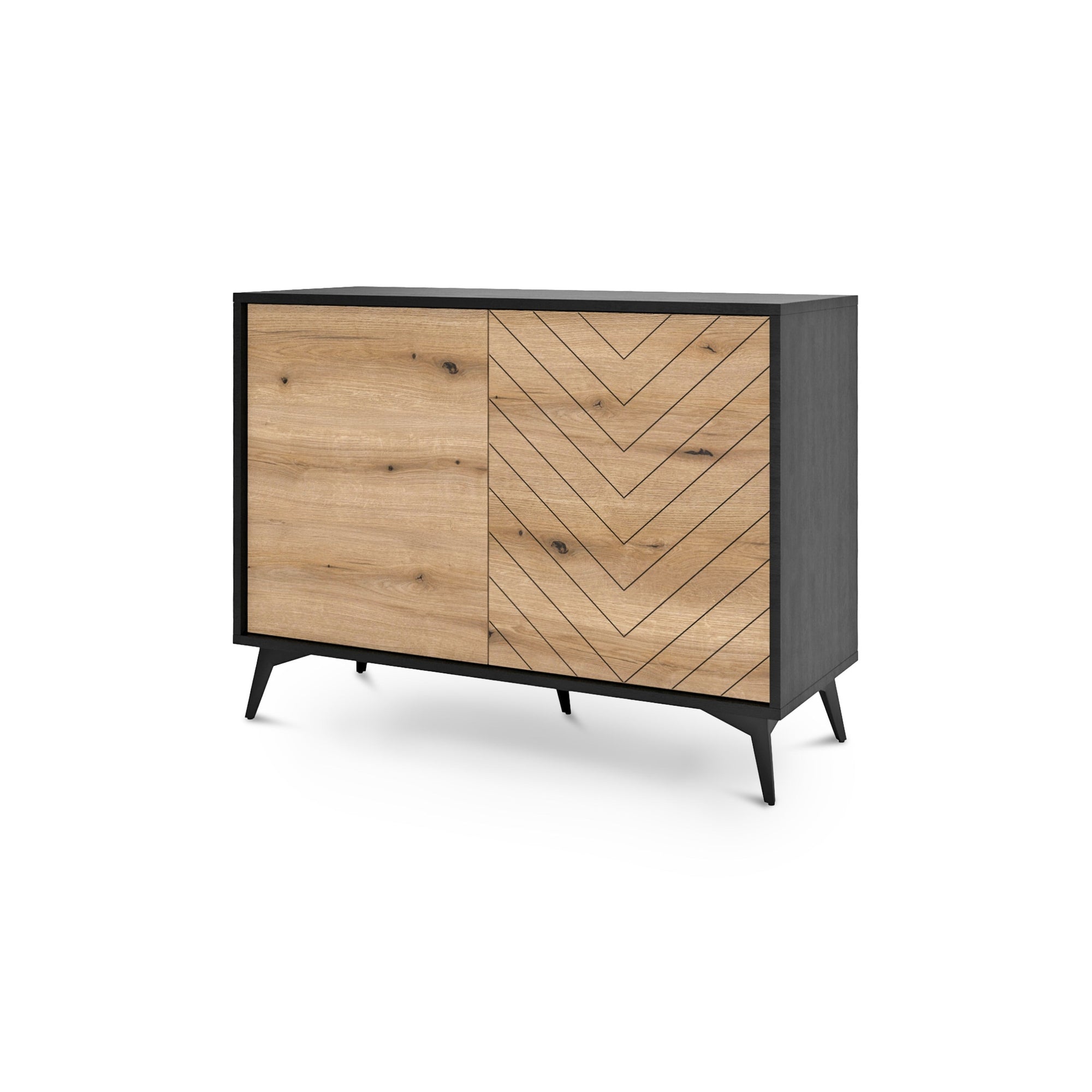 Komoda 104x78 w stylu loftowym - frezowany front jodełka, push-to-open, drewniane nogi | Nirwana