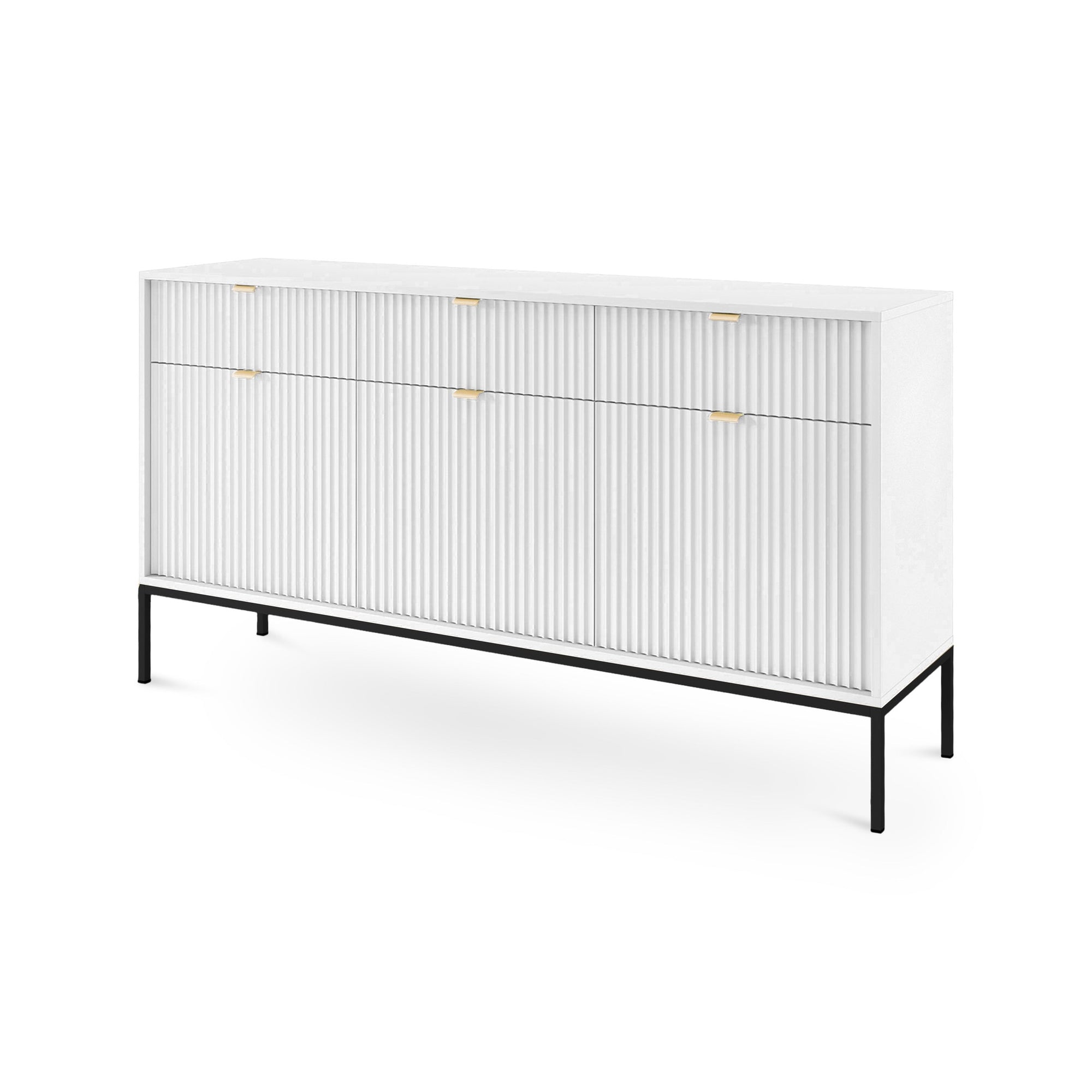 Komoda 154x83 w stylu glamour - ryflowane fronty, metalowe nogi, aluminiowe uchwyty | Roza Biały Czarny