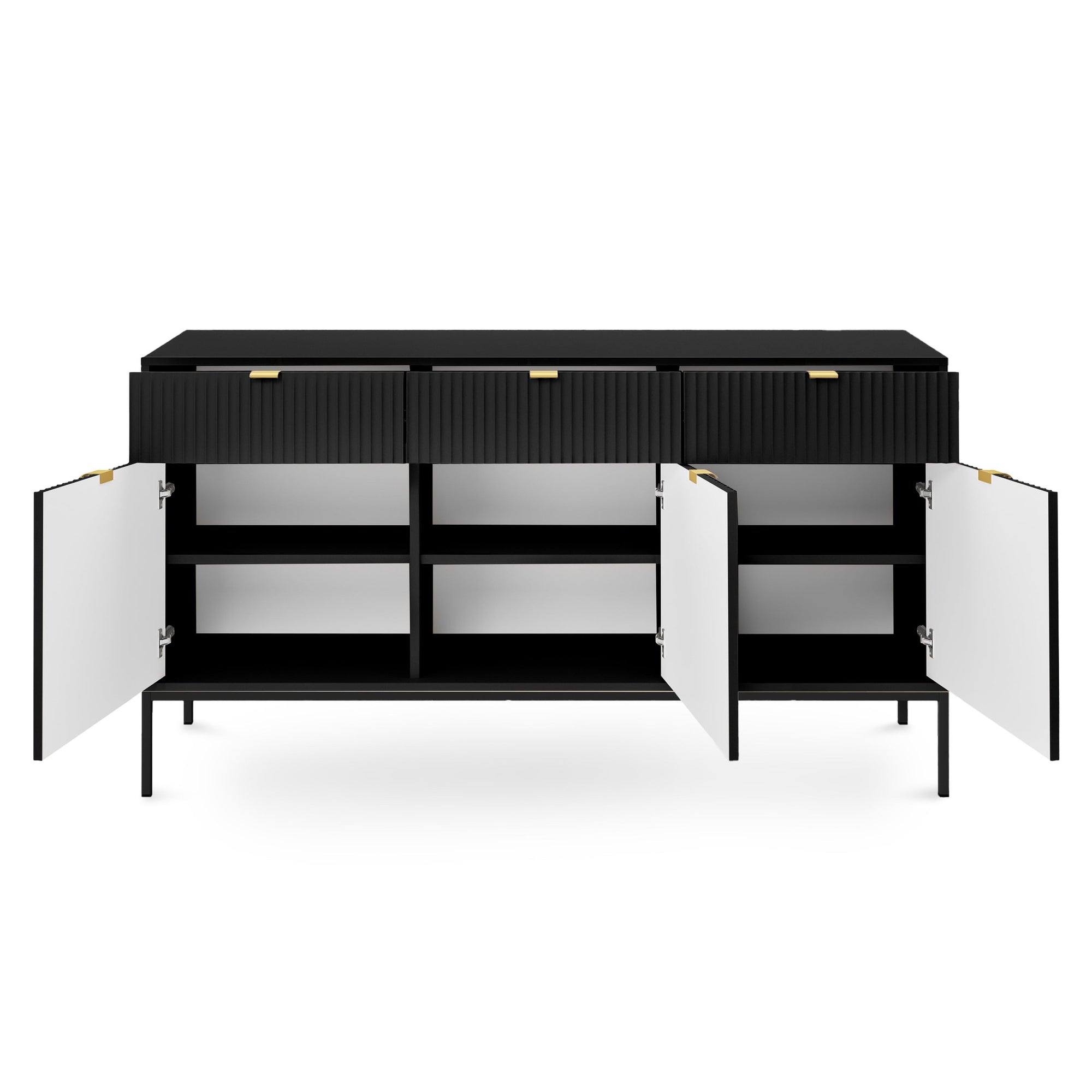 Komoda 154x83 w stylu glamour - ryflowane fronty, metalowe nogi, aluminiowe uchwyty | Roza