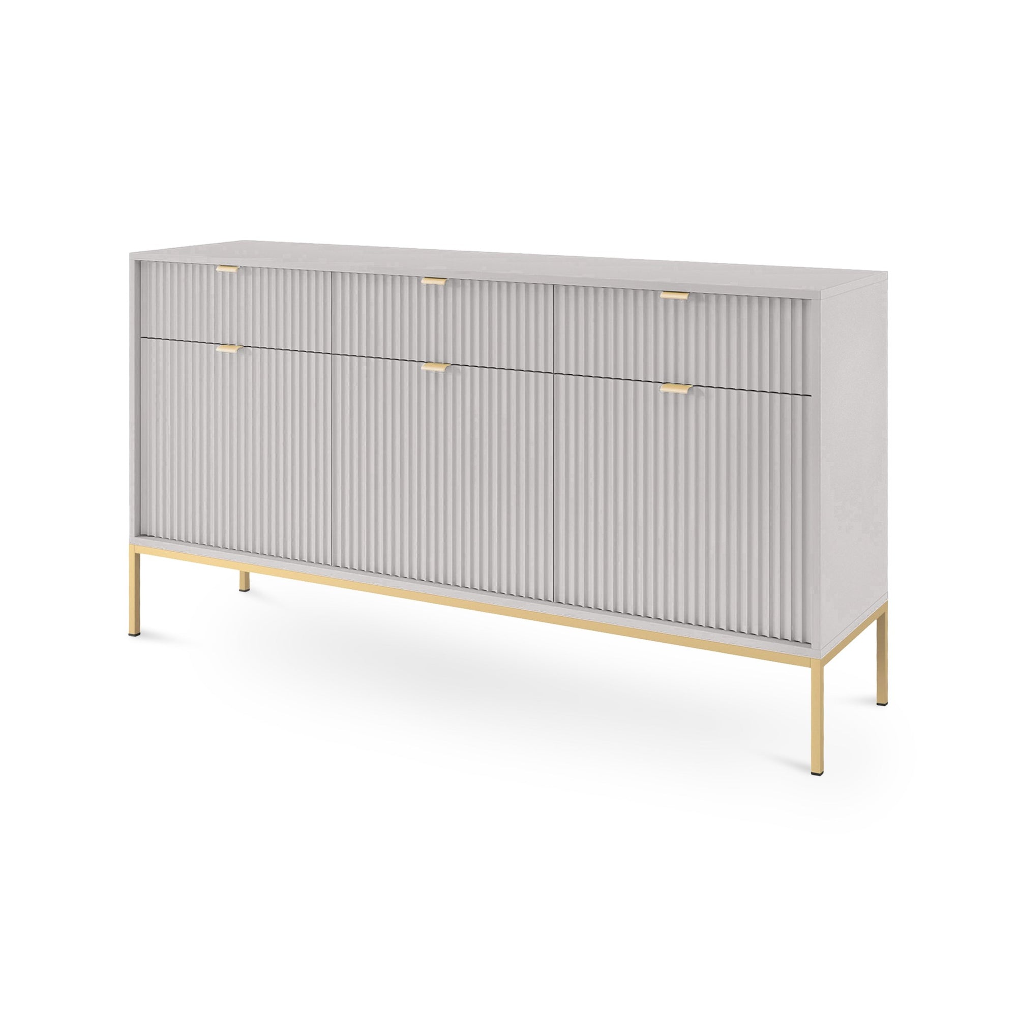 Komoda 154x83 w stylu glamour - ryflowane fronty, metalowe nogi, aluminiowe uchwyty | Roza Szary Złota