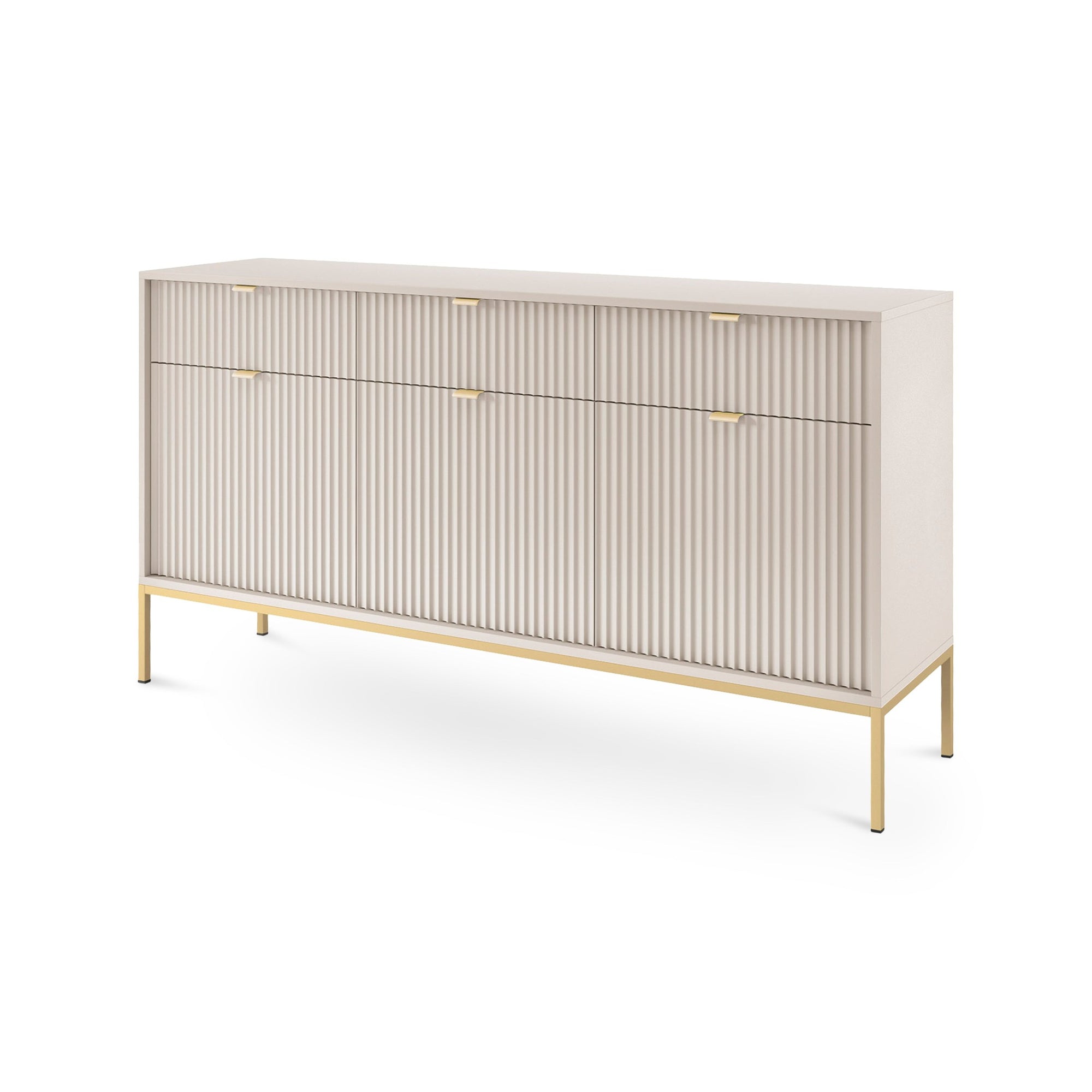 Komoda 154x83 w stylu glamour - ryflowane fronty, metalowe nogi, aluminiowe uchwyty | Roza Kaszmir Złota