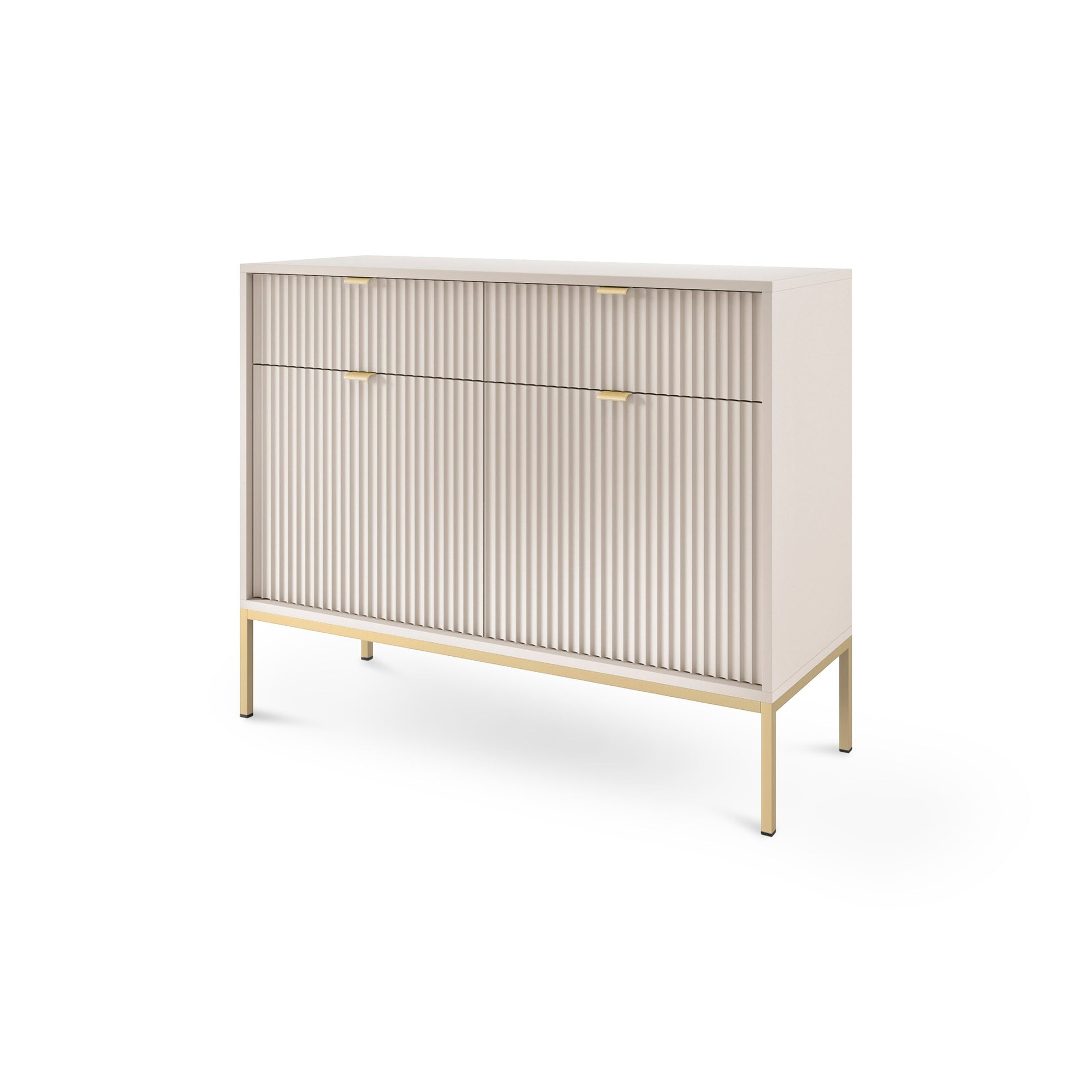 Komoda 104x83 w stylu nowoczesnym - ryflowane fronty MDF, metalowe nogi, aluminiowe uchwyty | Roza Kaszmir Złota