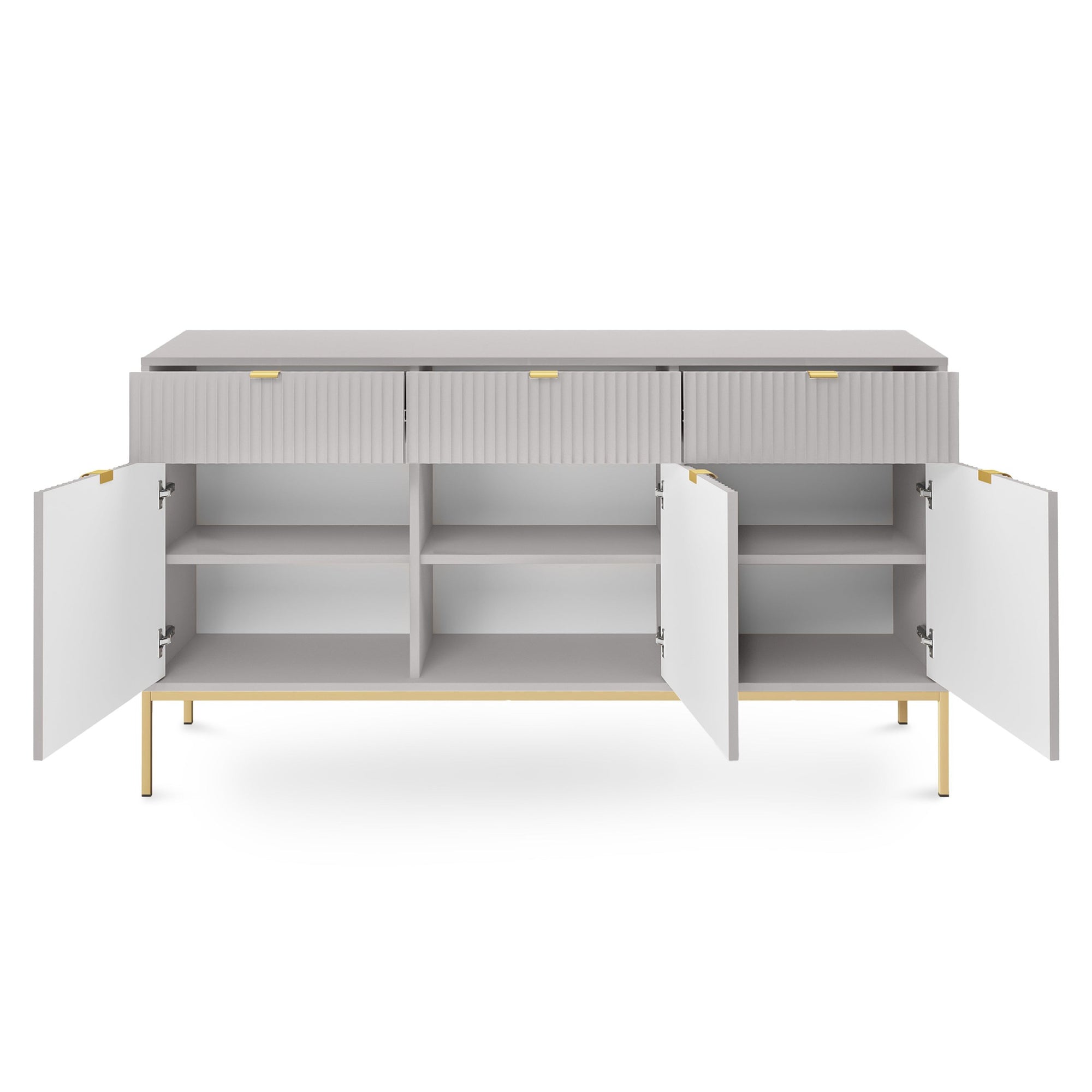 Komoda 154x83 w stylu glamour - ryflowane fronty, metalowe nogi, aluminiowe uchwyty | Roza