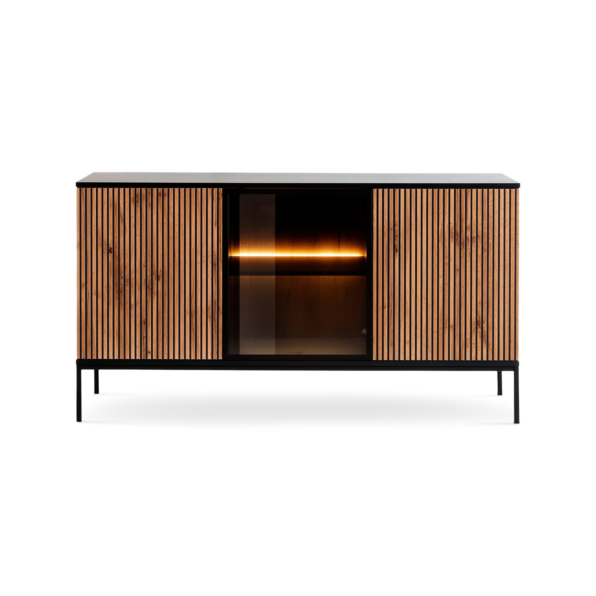Komoda z drzwiami 154x83 w stylu loft - dąb Wotan/czarny, LED, szkło antisol | Lampy