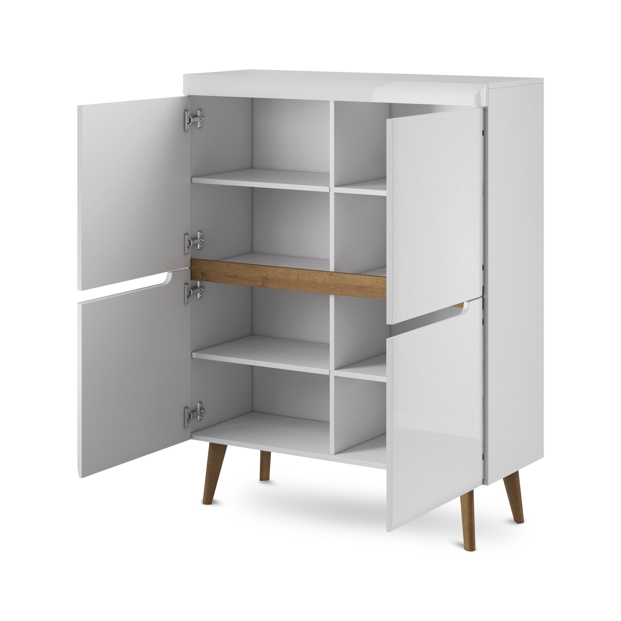 Komoda 107x134 w stylu skandynawskim - biały połysk, frezowane uchwyty, drewniane nogi | Trava