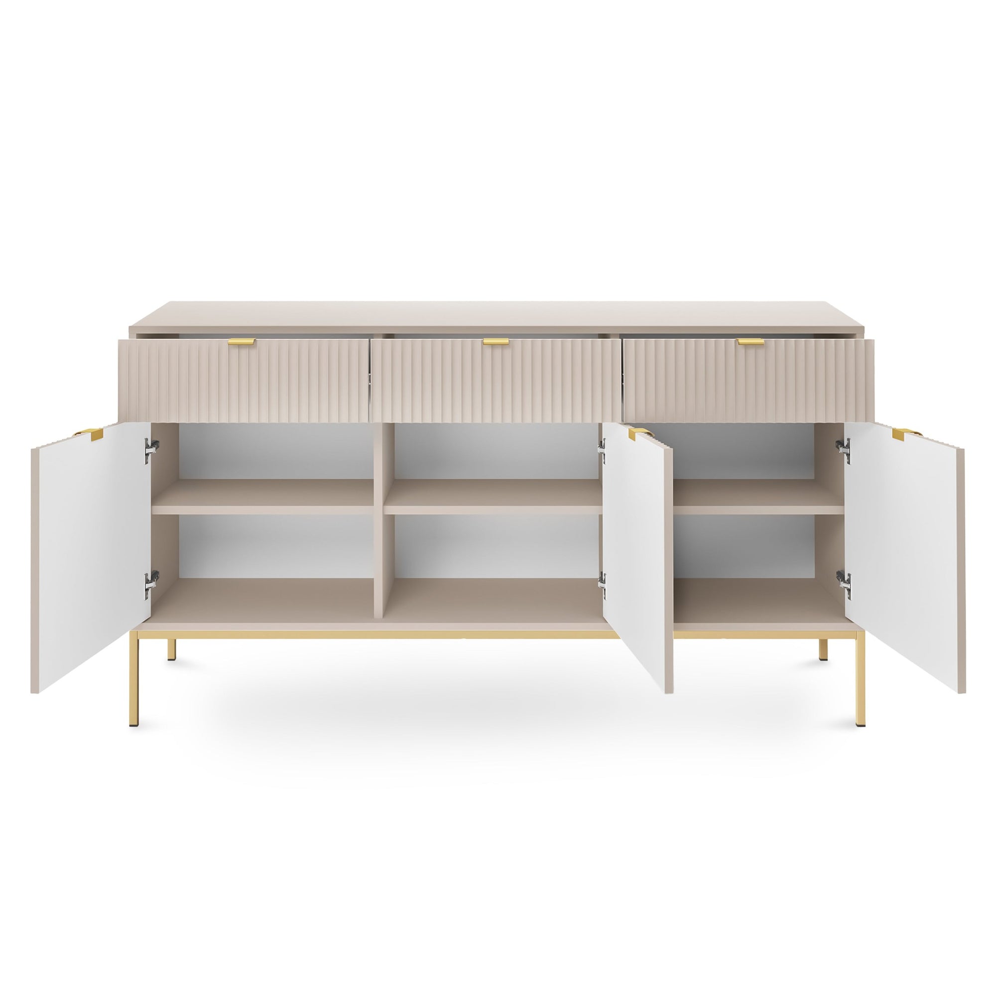 Komoda 154x83 w stylu glamour - ryflowane fronty, metalowe nogi, aluminiowe uchwyty | Roza