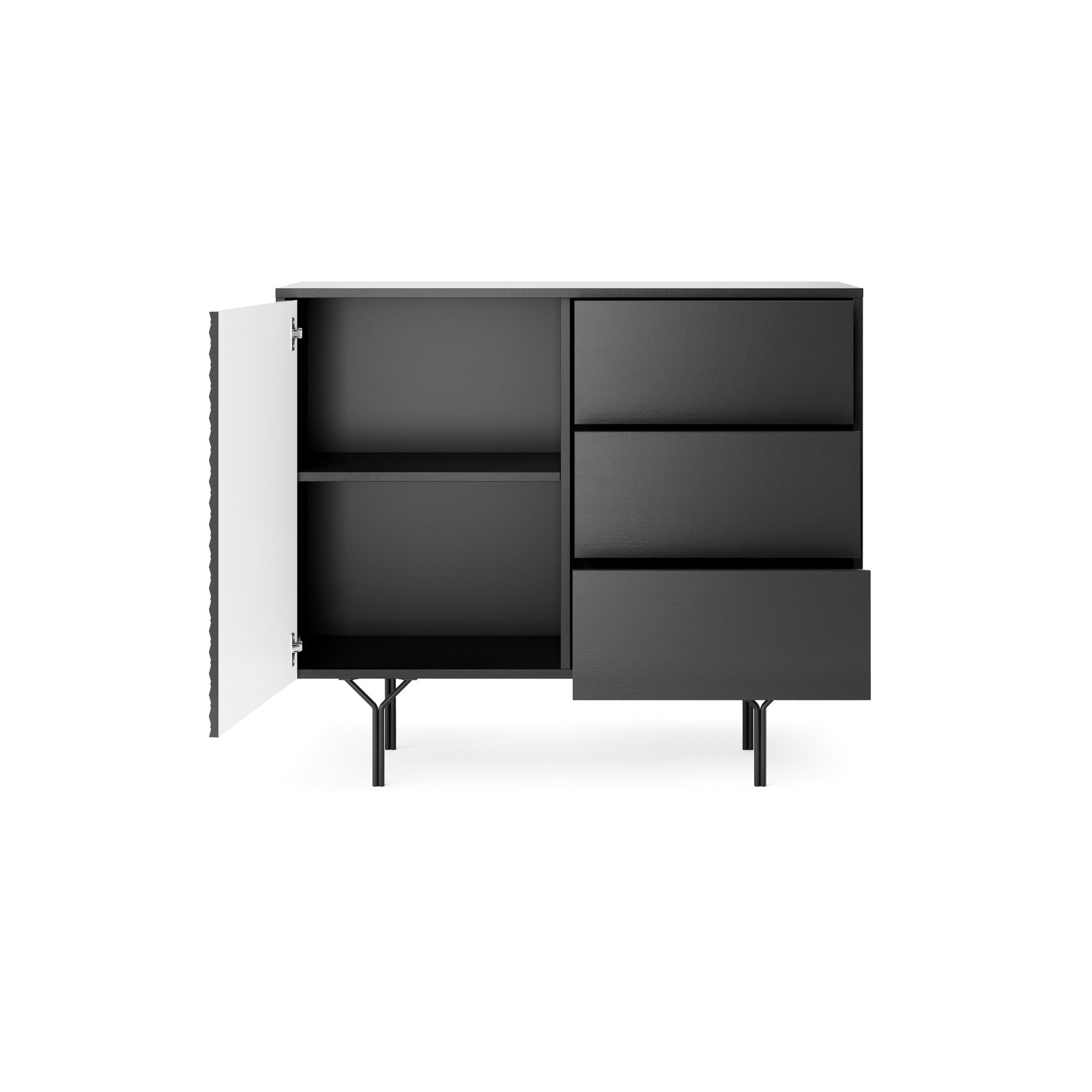 Komoda 97x83 w stylu industrialnym - frezowane fronty 3D, push-to-open, stalowe nogi | Rubin