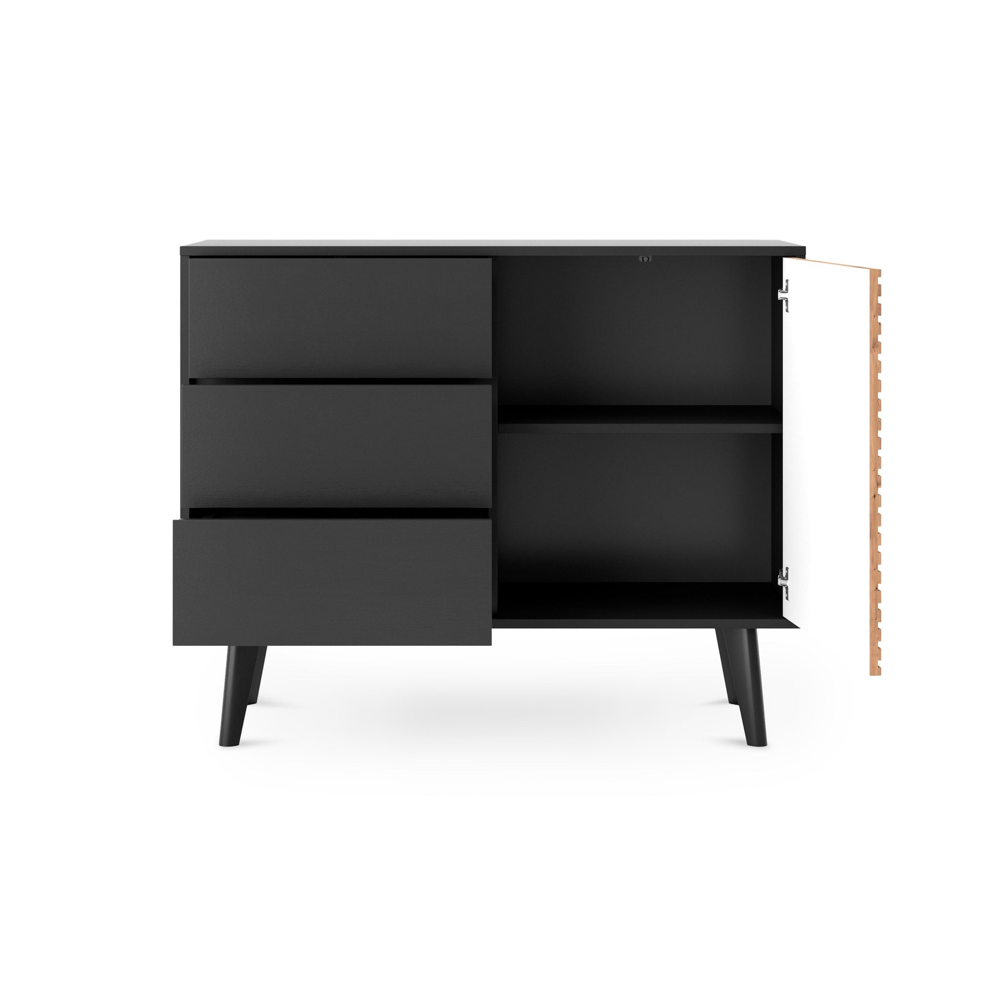 Komoda z szufladami i drzwiami 104x83 w stylu industrialnym - dąb Artisan/czarny, 3 szuflady, wysokie nóżki | Las