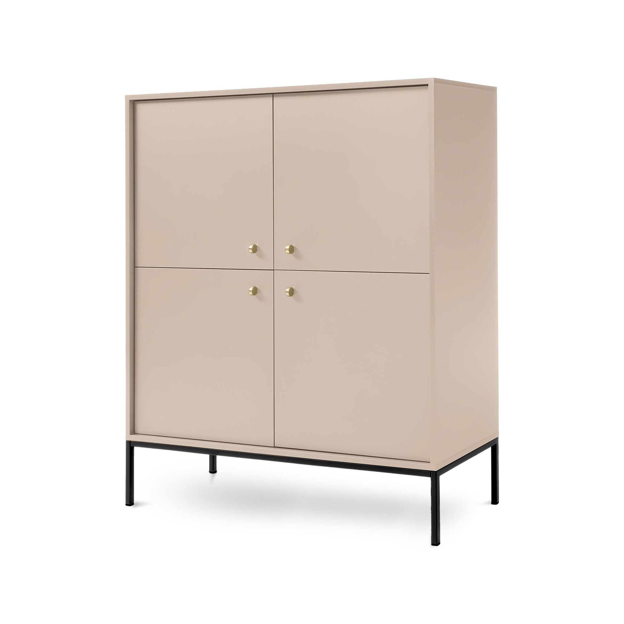 Komoda 104x126 w stylu vintage - cztery drzwi, złote uchwyty, metalowe nogi | Kviat Beż Piaskowy Czarny