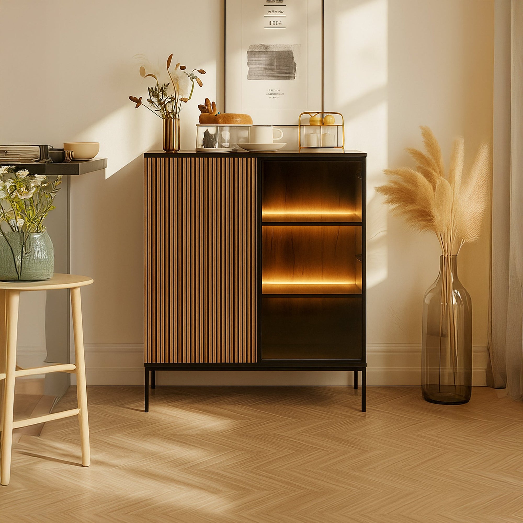 Komoda z drzwiami i szufladą 104x126 w stylu loft - LED, lamele, push-to-open | Lampy