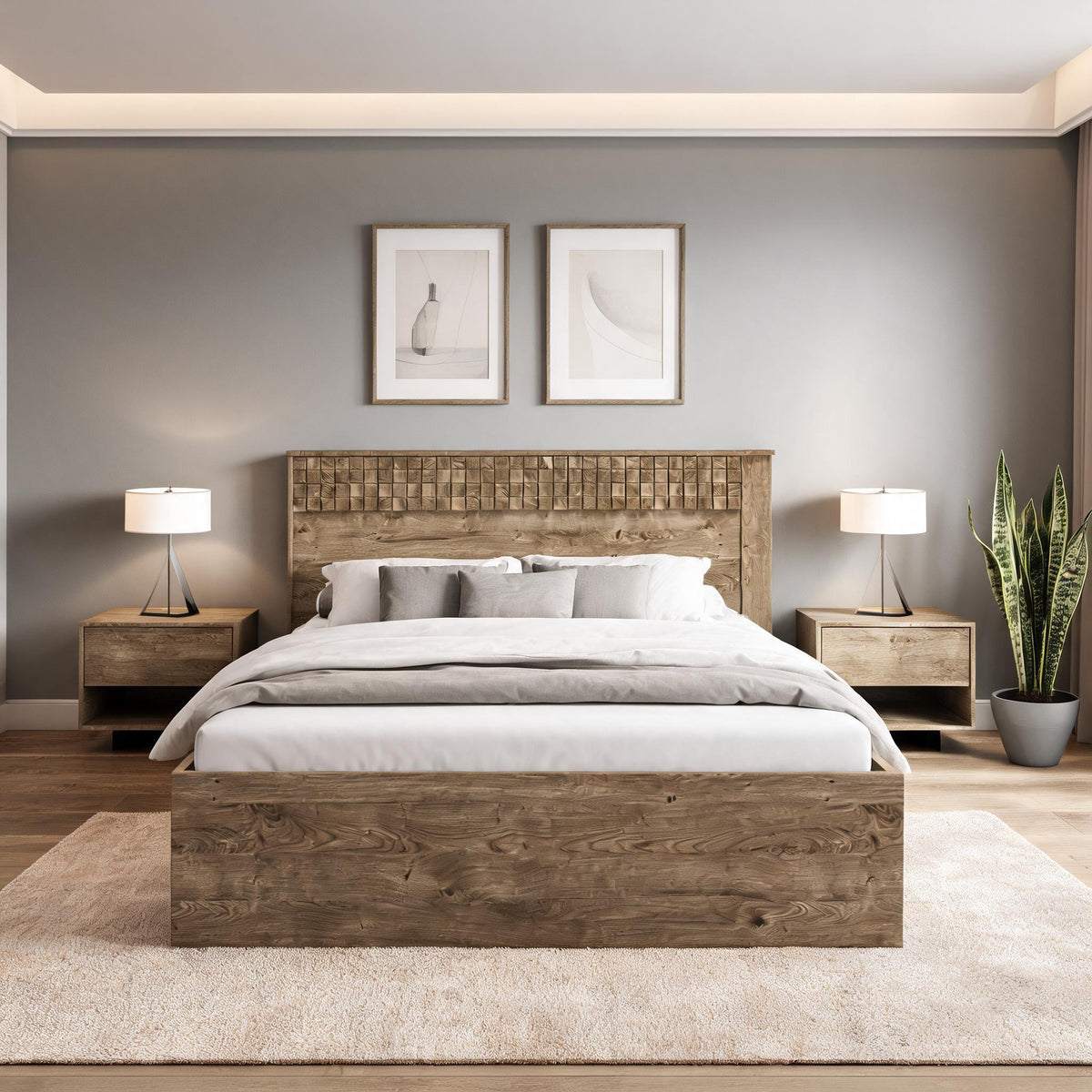Korin bed 160x200 in a bedroom with grey walls and prints – bed with bedding storage for the bedroom