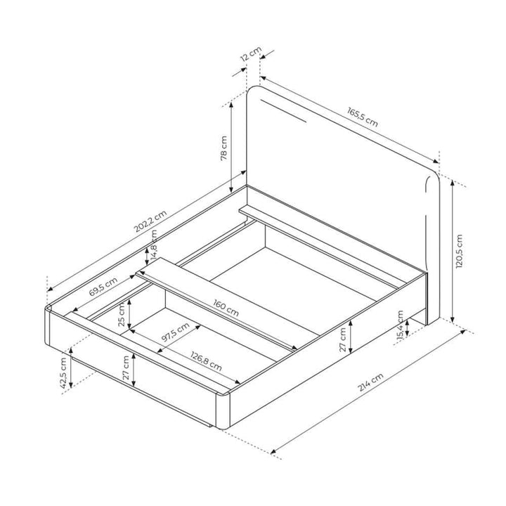 Łóżko tapicerowane z pojemnikiem 160x200 w stylu modern – wysokie wezgłowie, zaokrąglona forma | Laanti