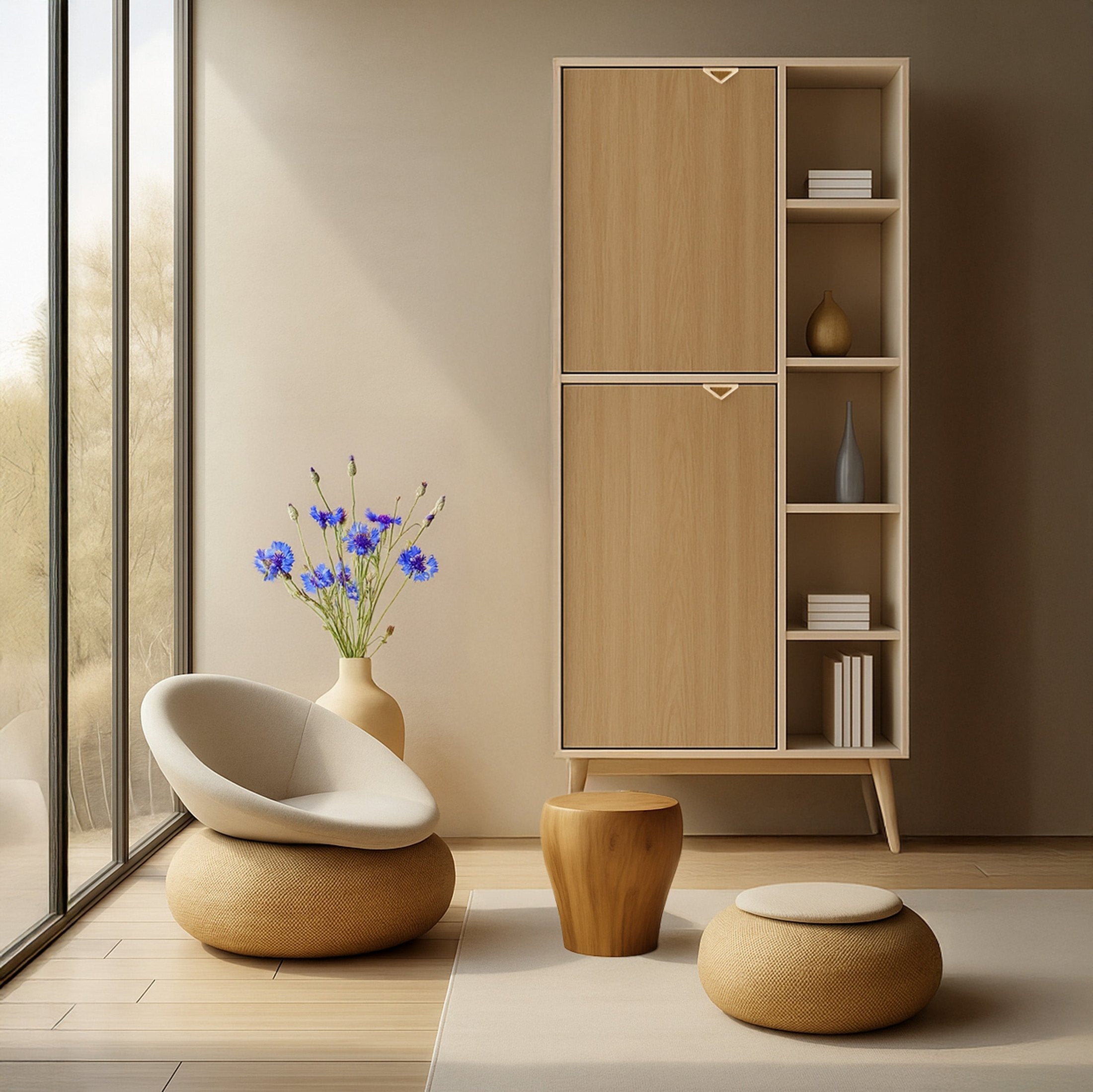 Regał 80x160 z półkami i szafkami w stylu japandi | Mandala