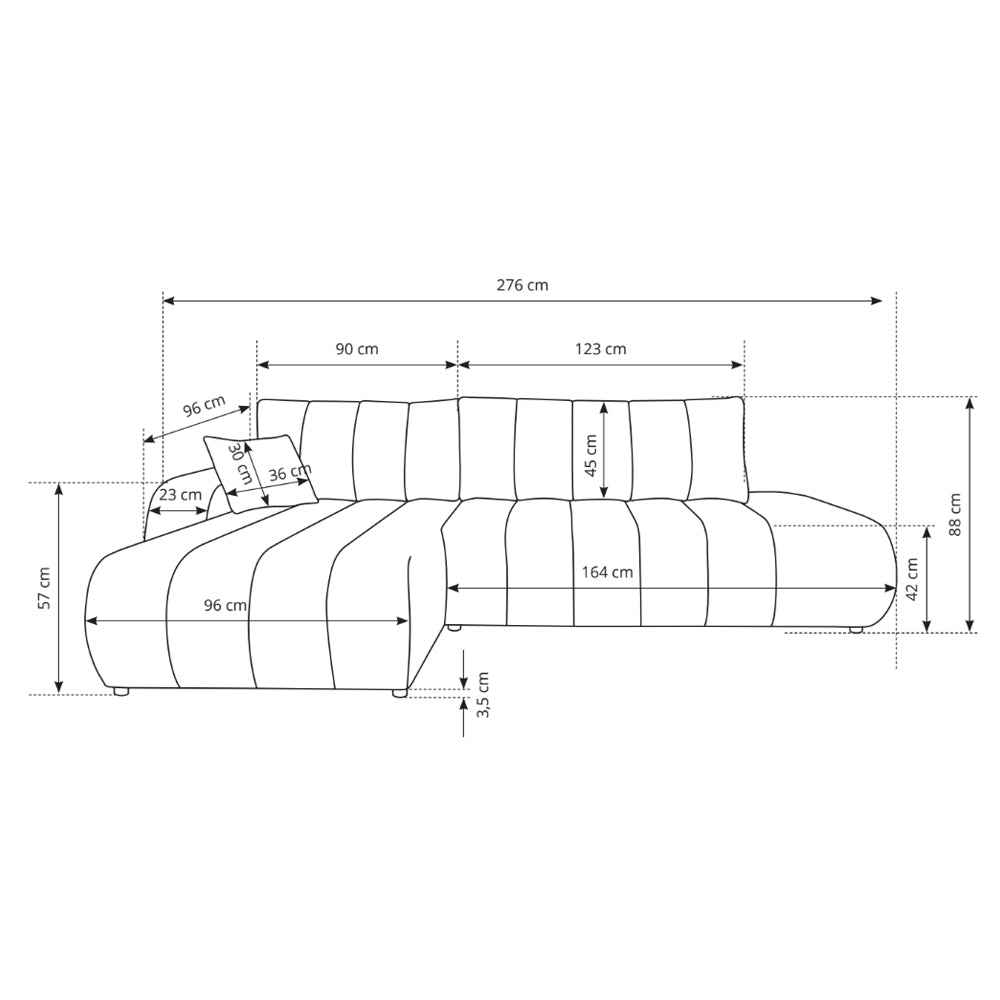 Narożnik z funkcją spania DL 276 cm w stylu nowoczesnym – tkanina Lambi, dekoracyjne przeszycia, pojemnik | BALOA