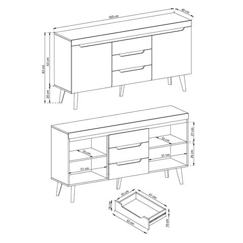 Komoda z szufladami i szafkami 160x83 w stylu skandynawskim | Trava