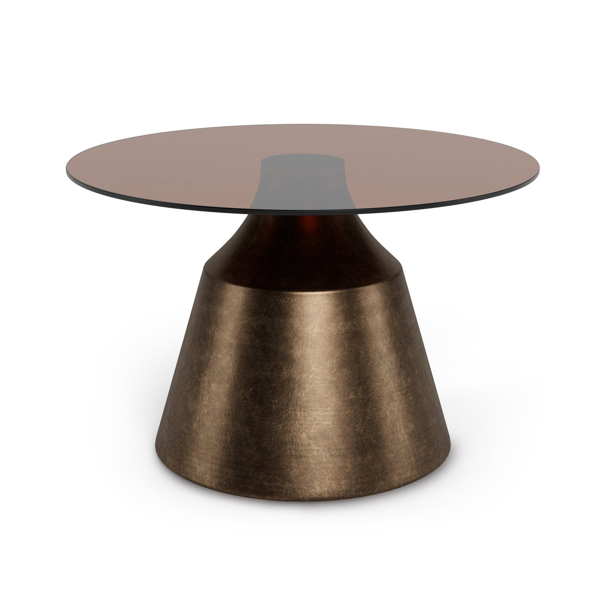 Fumor GOLD round coffee table 70x42 – brown glass top on a bronze-coloured pillar, angled view