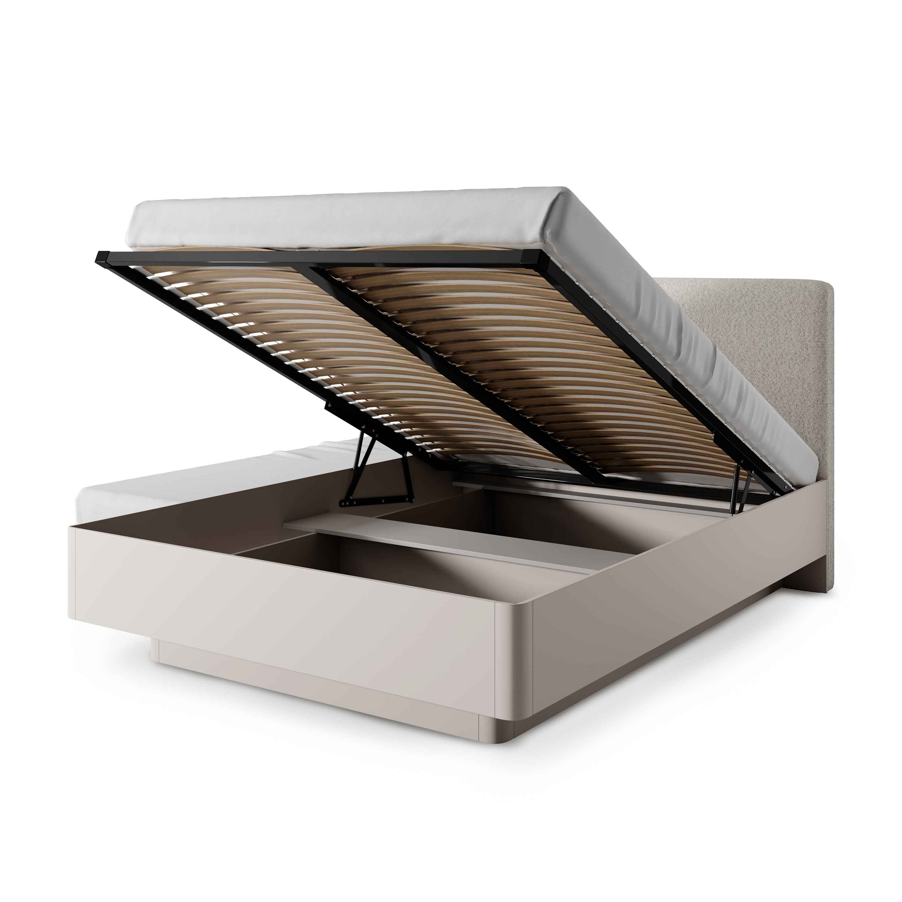 Łóżko tapicerowane z pojemnikiem 160x200 w stylu modern – wysokie wezgłowie, zaokrąglona forma | Laanti