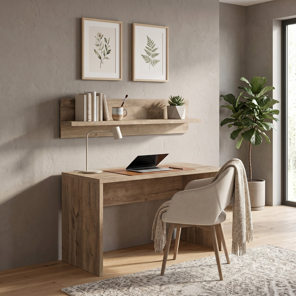 Korin wall shelf 120x32 above a desk in a home office with books and a succulent – wall shelf for books