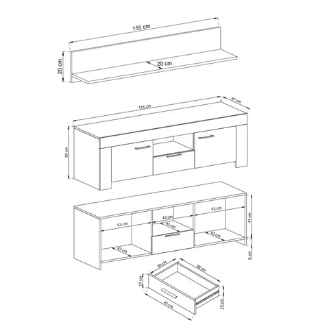 Zestaw RTV z półką 155x50+155x20 w stylu nowoczesnym | Gorky