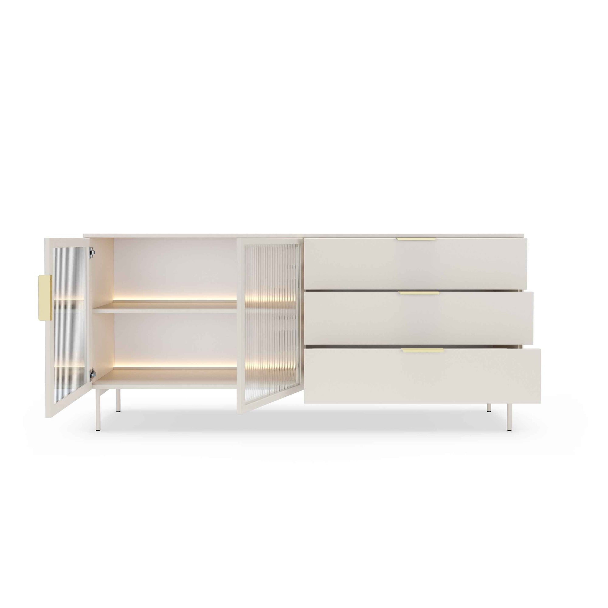 Komoda z drzwiami i szufladami 181x82 w stylu nowoczesnym - szkło hartowane, LED, 3 szuflady | Lummer