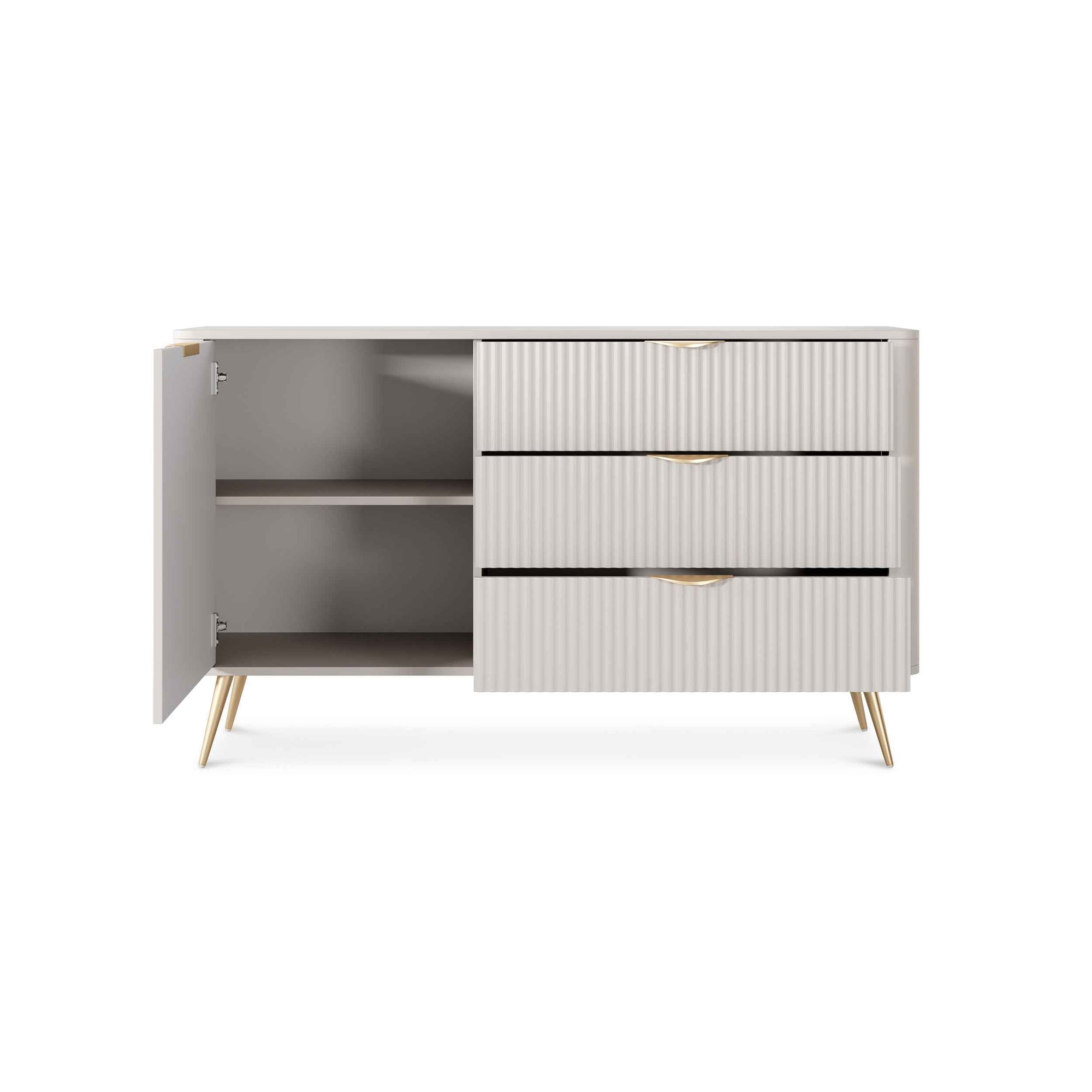 Komoda 138x81 z szufladami i drzwiami w stylu eleganckim - ryflowane fronty, metalowe nogi, 3 szuflady | Laanti