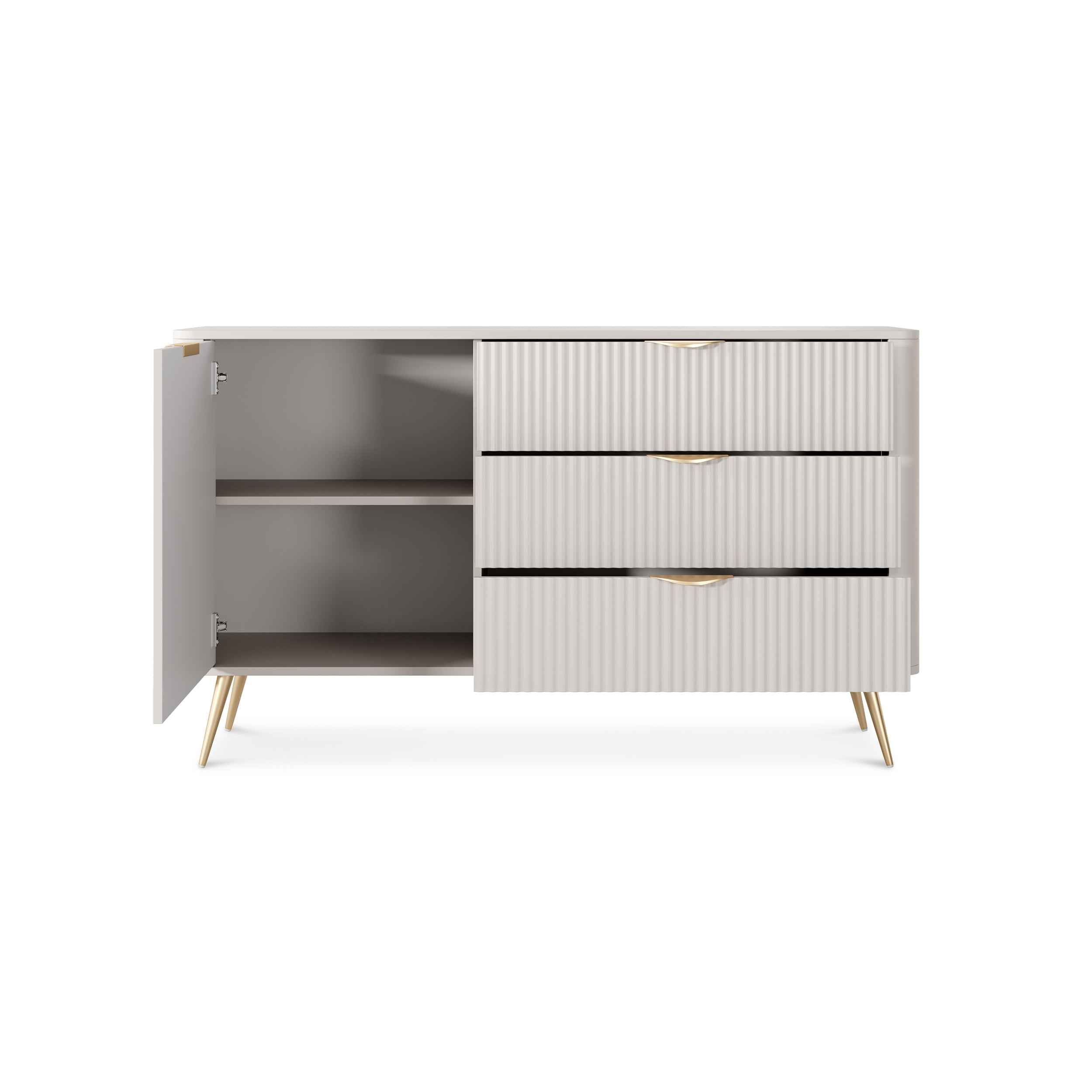 Komoda 138x81 z szufladami i drzwiami w stylu eleganckim - ryflowane fronty, metalowe nogi, 3 szuflady | Laanti