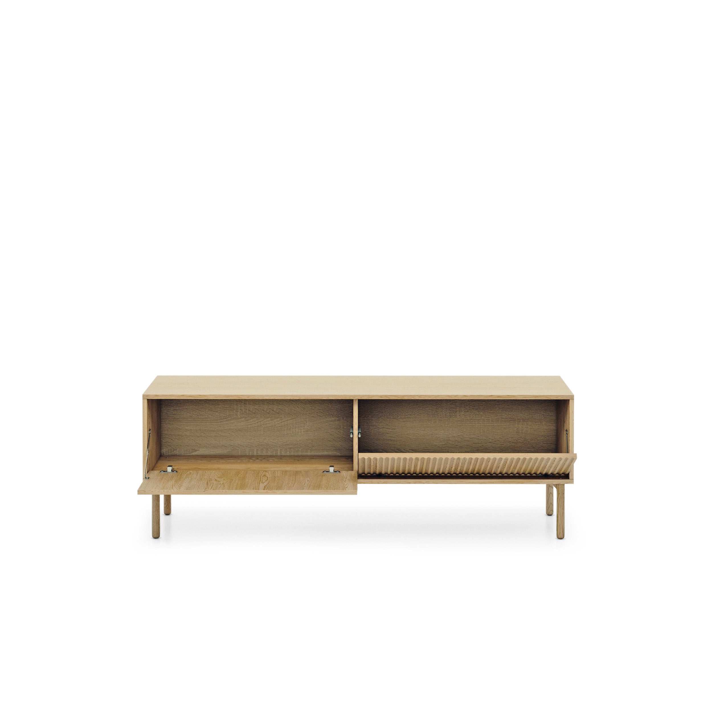 Szafka RTV 154x52 w stylu japandi - dąb cremona, ryflowane fronty MDF, push-to-open | Viola