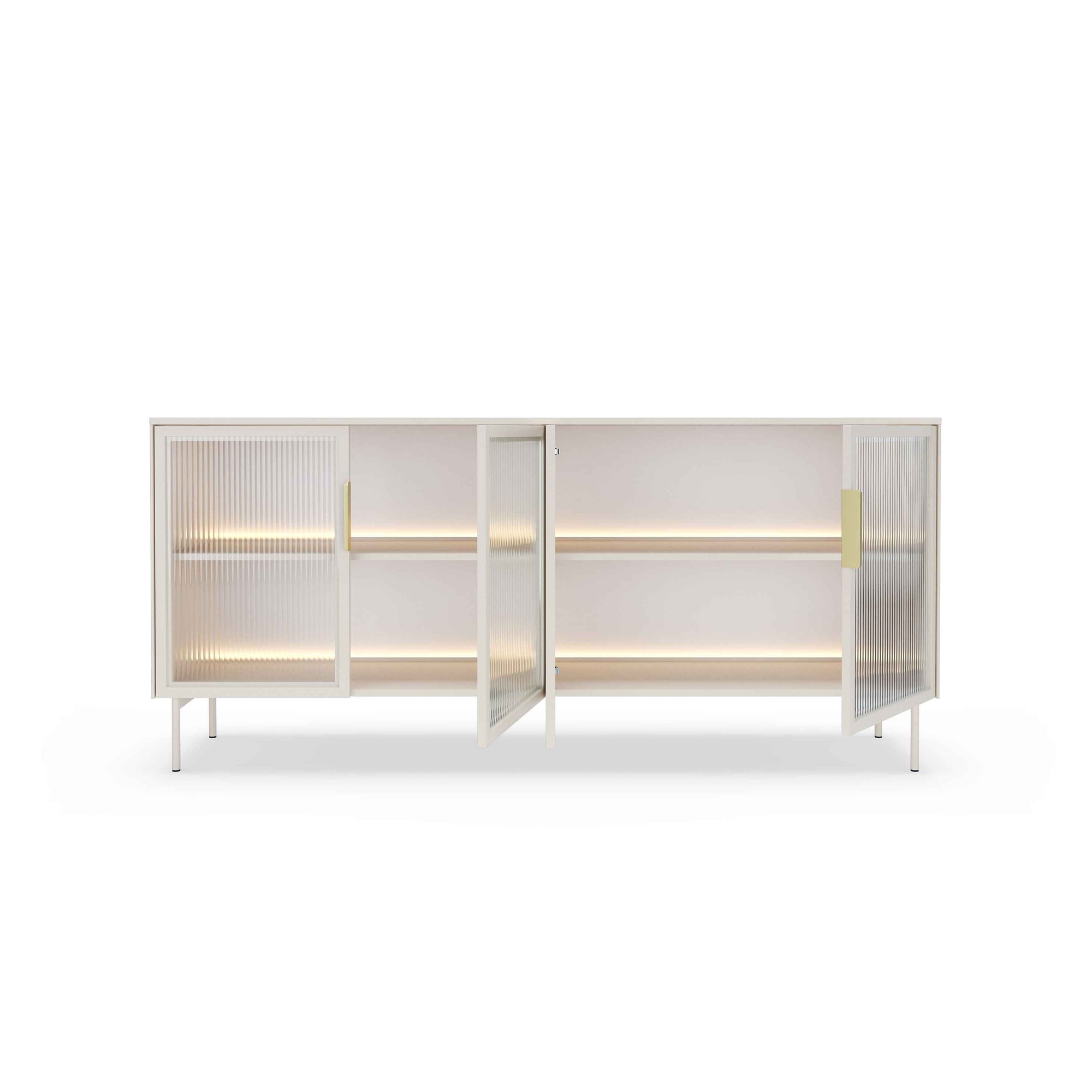 Komoda 181x82 z drzwiami w stylu eleganckim - przeszklone fronty flutes, metalowe nogi, LED | Lummer
