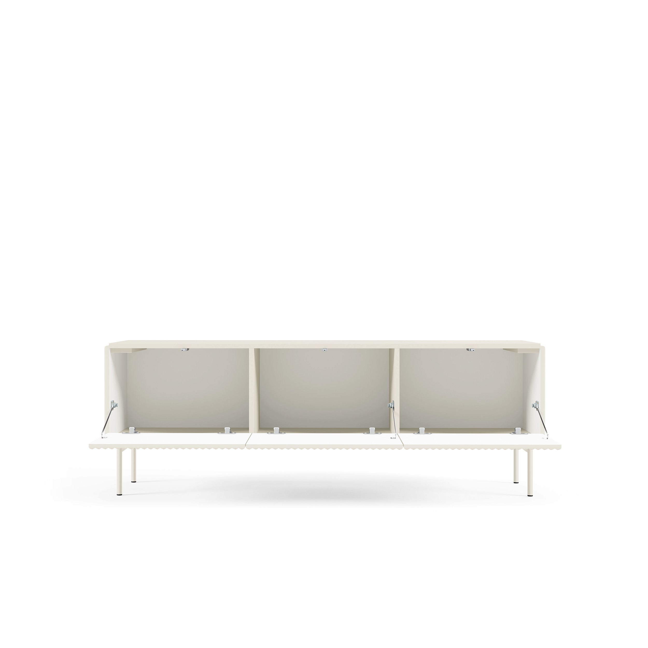 Szafka RTV 147x51 w stylu nowoczesnym - kaszmir, ryflowane fronty MDF, system push-to-open | MuzZI