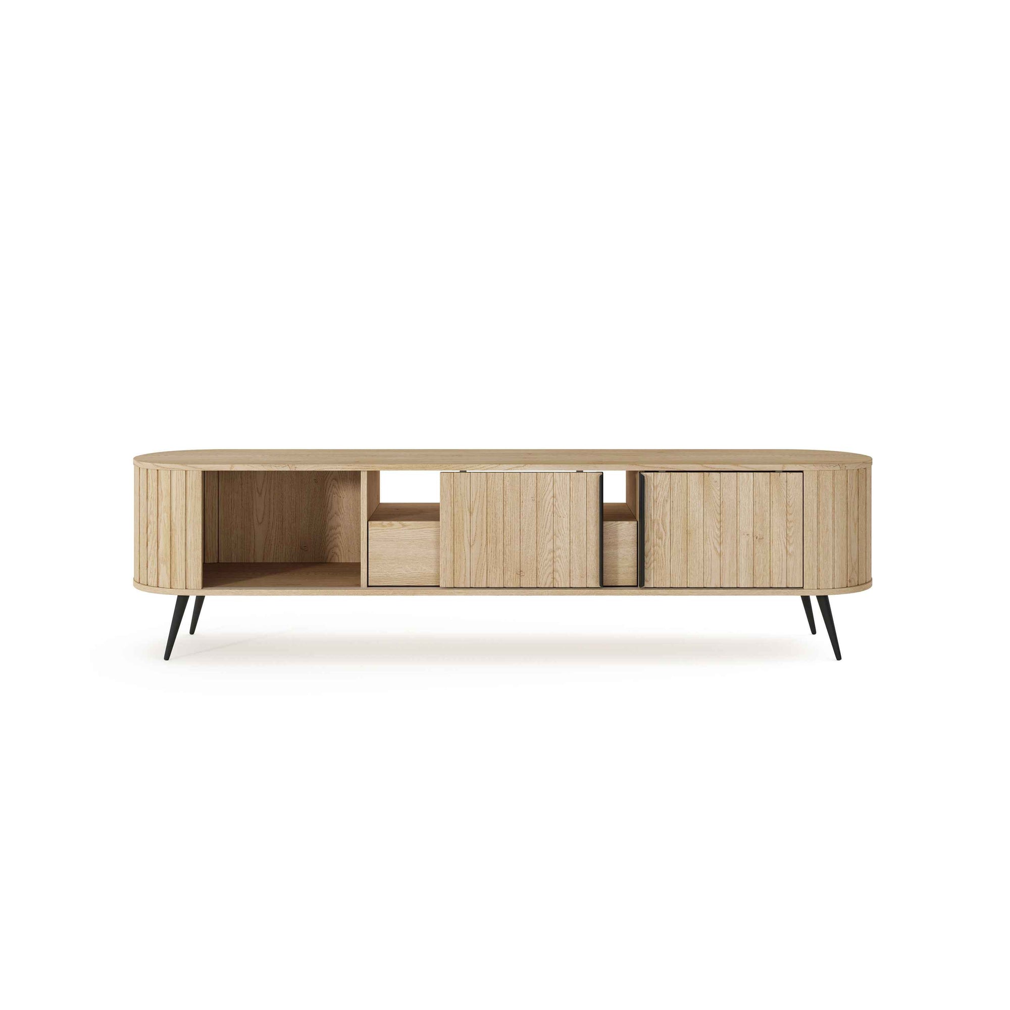 Szafka RTV 196x51 w stylu nowoczesnym - ryflowane fronty przesuwne MDF, szuflada push-to-open | Llovia