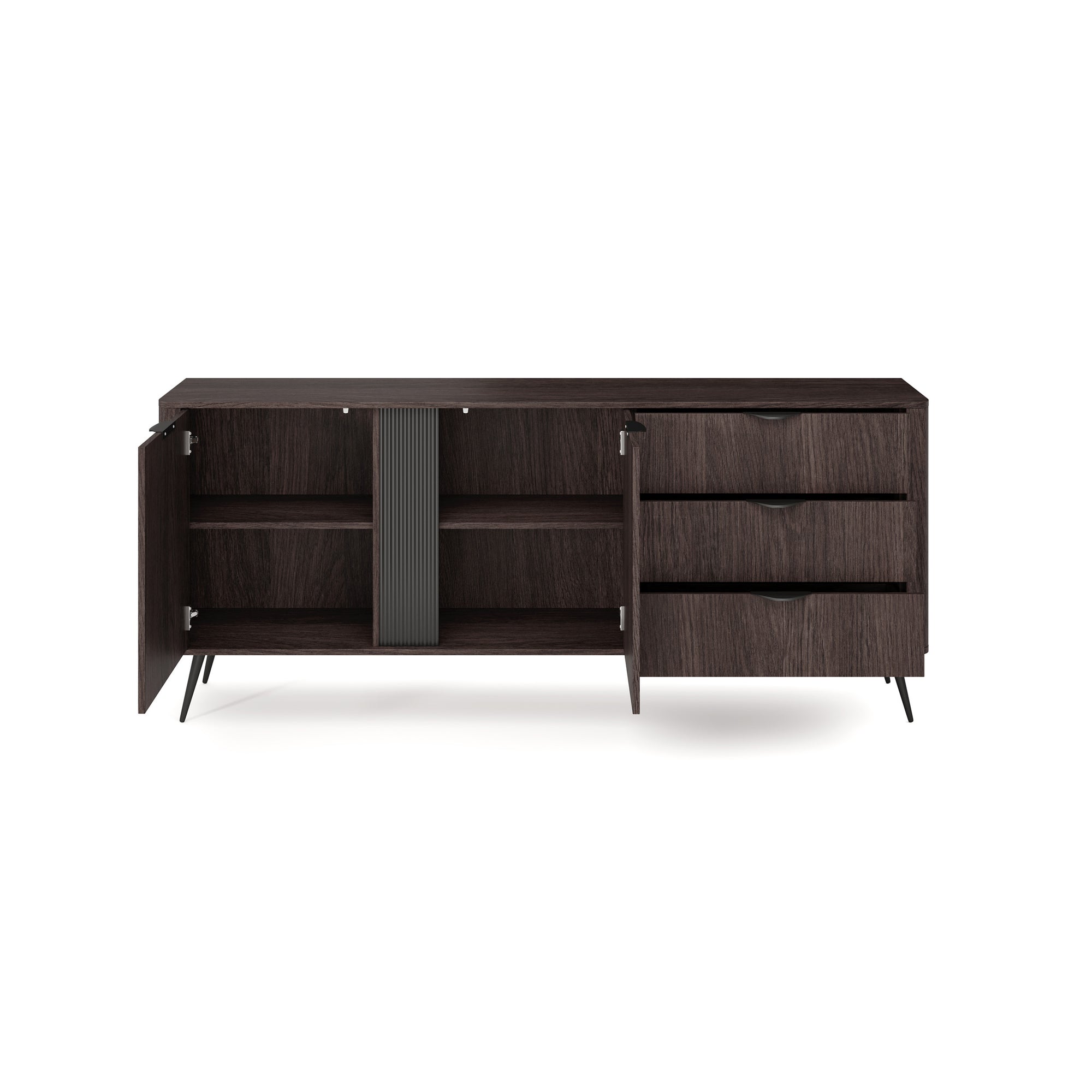 Komoda szeroka 195x81 z szafkami i szufladami w stylu soft loft - dąb dunin, ryflowany detal, czarne uchwyty | Velia