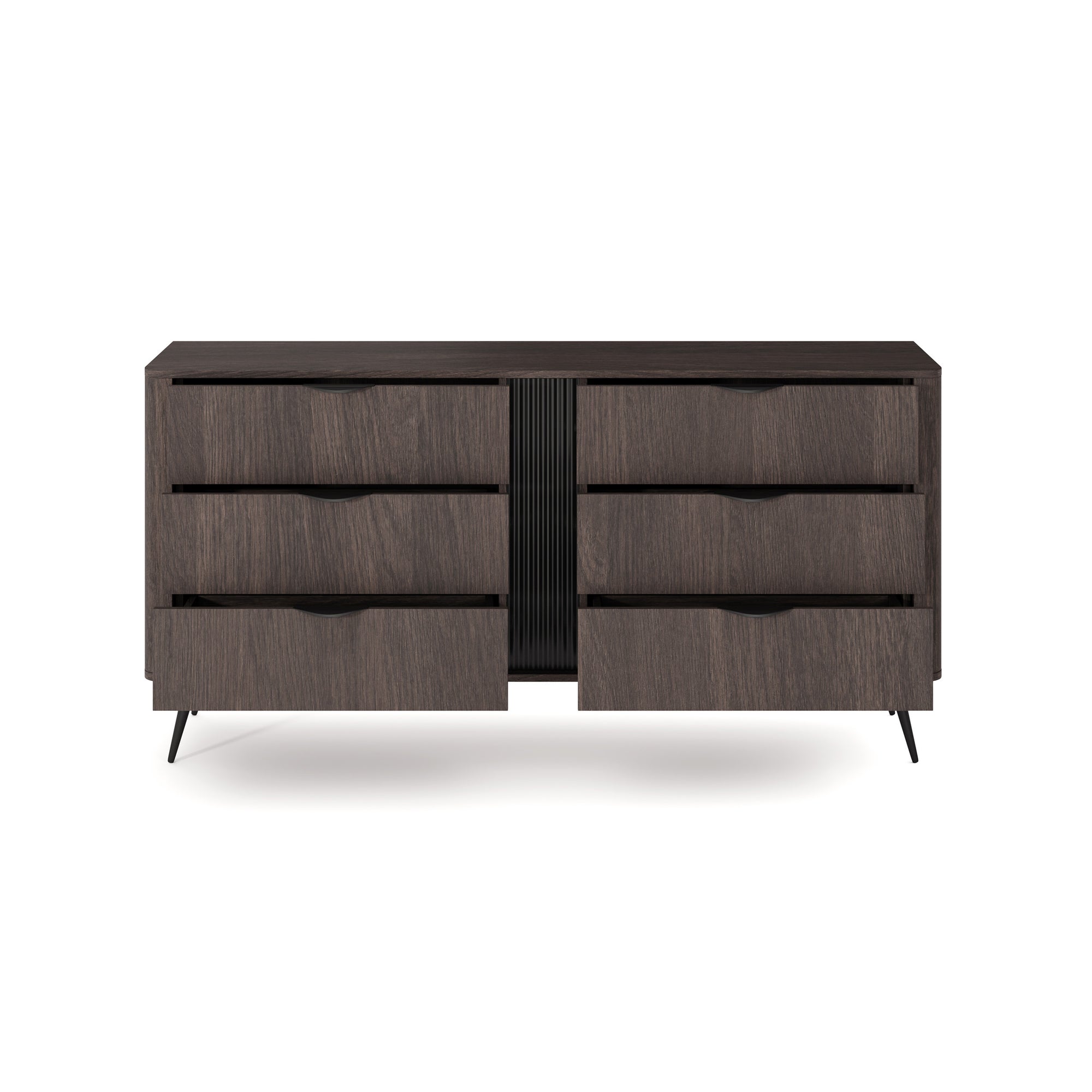 Komoda z 6 szufladami 163x81 w stylu soft loft - dąb dunin, czarne uchwyty, ryflowany detal | Velia
