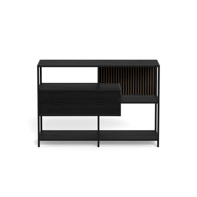 Skeleto low bookcase 114x78, black melamine – front view, black bookcase for a loft-style living room