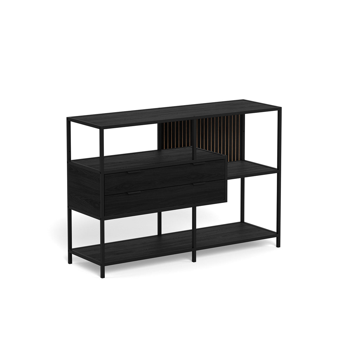 Skeleto low bookcase 114x78, black melamine – side view, black shelves, drawers and slatted panel