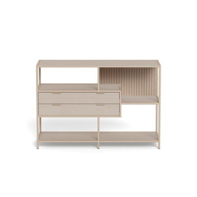 Skeleto low bookcase, 114x78, grey melamine – front view showing the open shelves and drawer unit