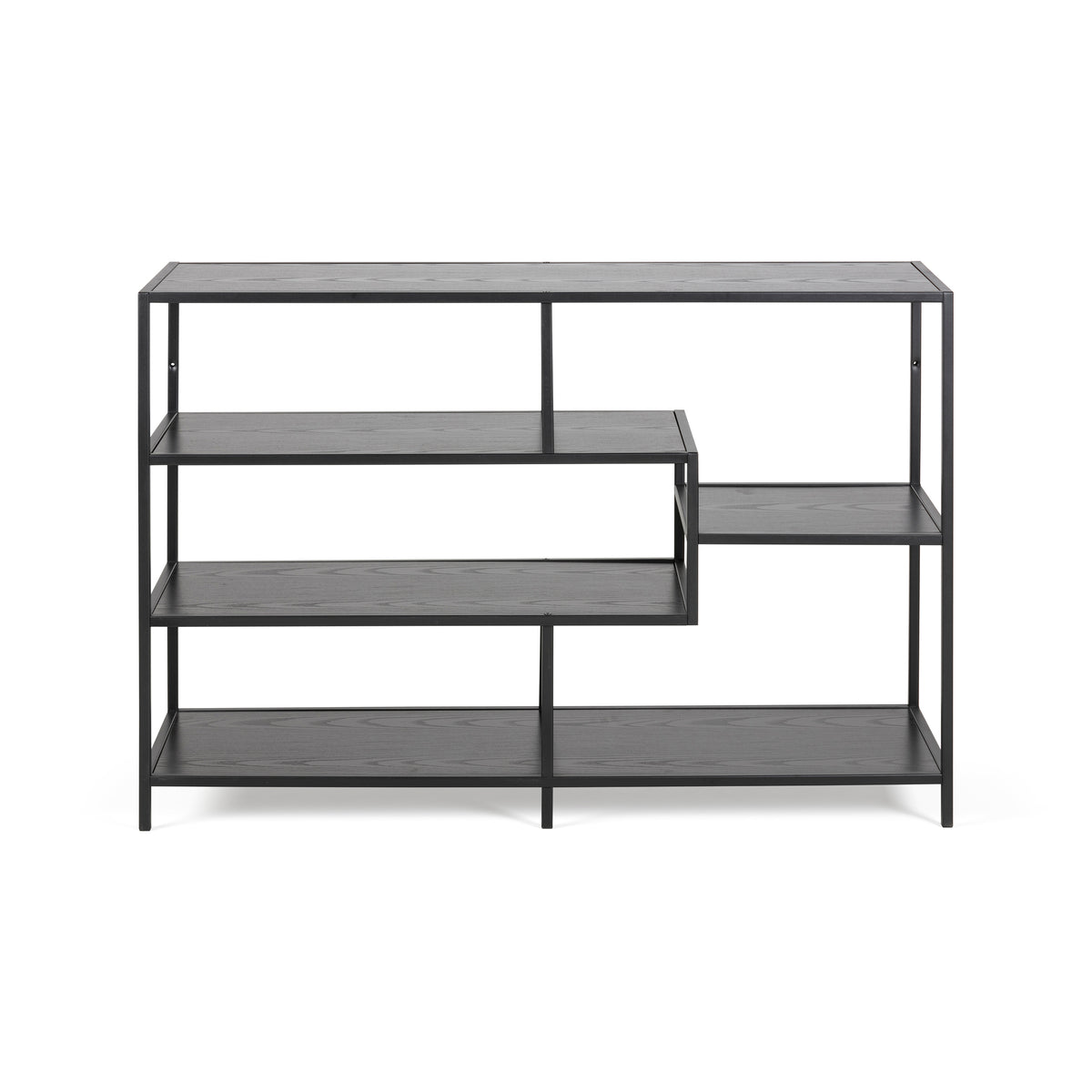 Skeleto bookcase 114x78, black melamine, front view – black ash-coloured shelves on a black frame
