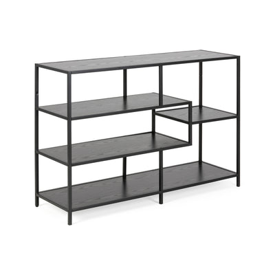 Skeleto Bookcase 114x78 Black Melamine, side view – a black bookcase with asymmetrical shelves in an industrial style