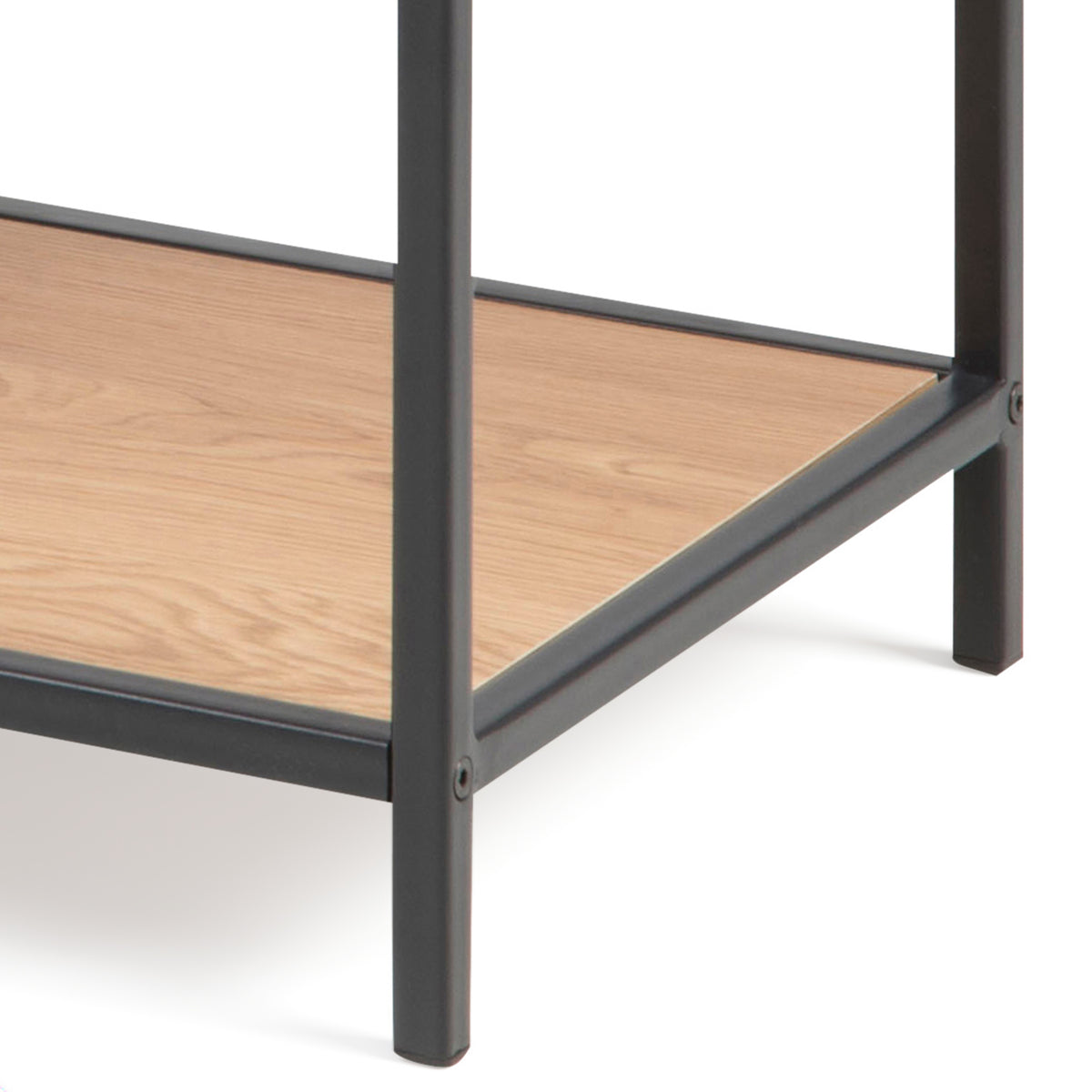 Skeleto bookcase 114x78 Wild Oak – detail of the bottom shelf and the square leg of the black frame