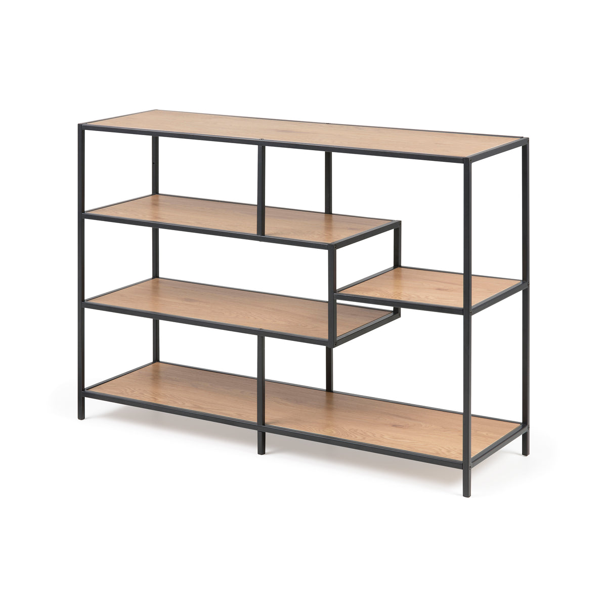 Skeleto bookcase 114x78 Wild Oak, side view – a low bookcase with asymmetrical shelves on a black steel frame