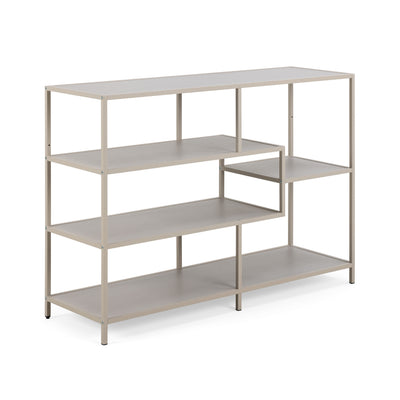 Skeleto bookcase 114x78, grey melamine, side view – a light-coloured open bookcase on a grey steel frame