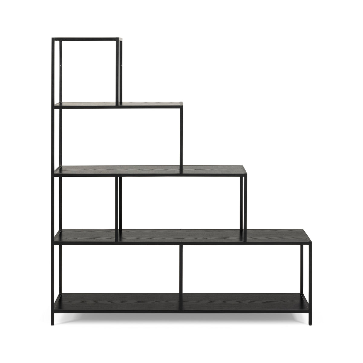 Skeleto bookcase 135x150, black melamine, front view – shelves in black ash, bookcase used as a room divider